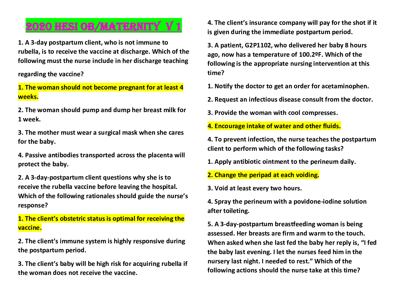 Preview image for NURS 3550 2020 HESI OB/MATERNITY V 1